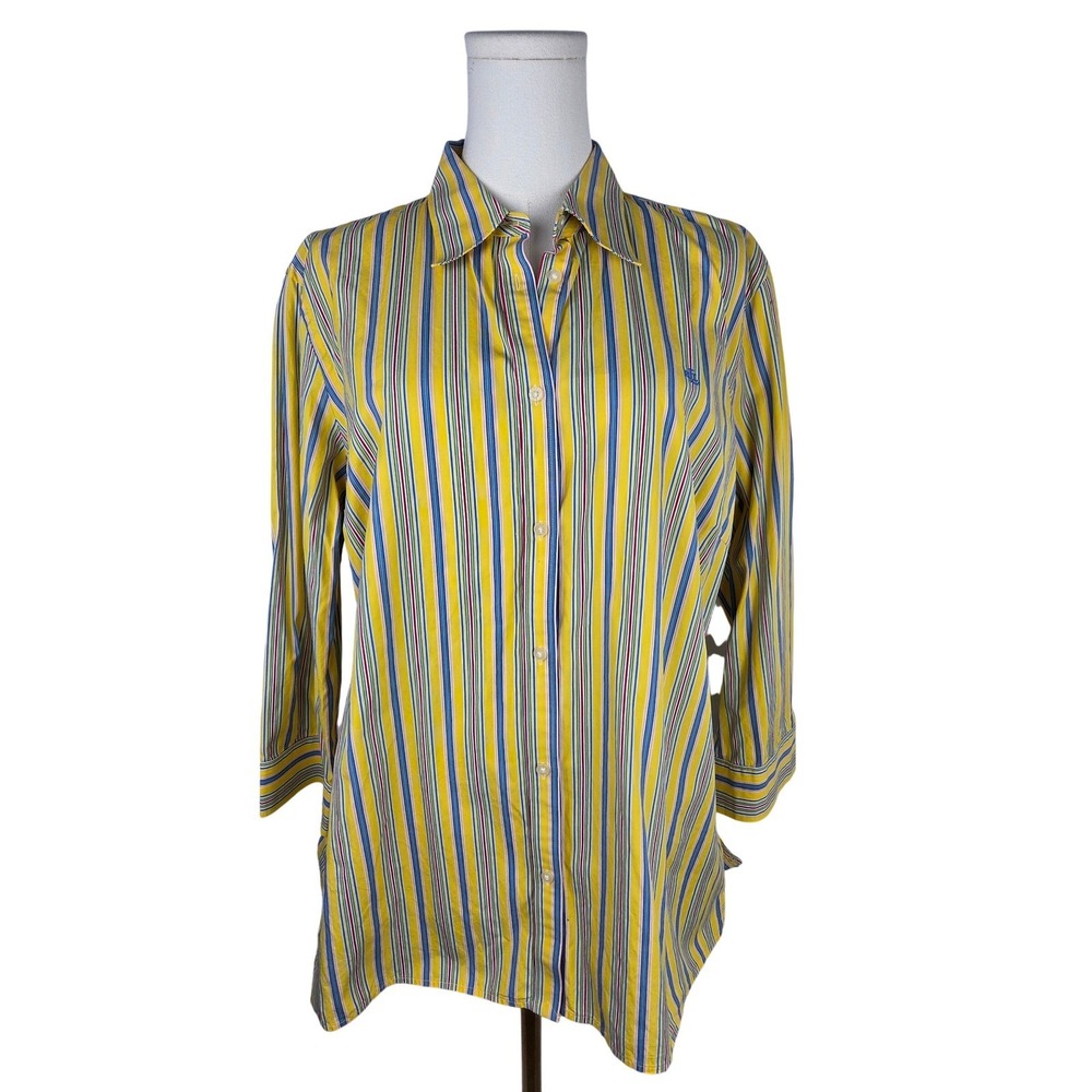 Lauren Ralph Lauren Shirt Large Yellow Striped 3/4 Sleeve Button Front Cotton